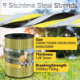 Electric Fence Wire 3366FT, 1026M with 9 Stainless Steel Stands，Electric Fencing Wire Rope Kit for Livestock, Garden, Squirrels, Reliable Conductivity and Rust Resistance