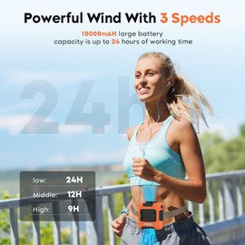 LOUISWARE Portable Waist Fan 10000mAh Rechargeable Waist Clip Fan 18000RPM With Max 12H Working Time 3-speed adjustment with LED flashlight Portable Fan for Outdoor Jobsite and etc(Orange)