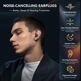 2 Ear Plugs for Sleeping Noise Cancelling - 35dB Reduction, Adjustable Tips (Smaller & Larger), Reusable Silicone Earplugs for Sleep, Snoring, Travel & Music Festival, with 8 Ear Tips (Black)