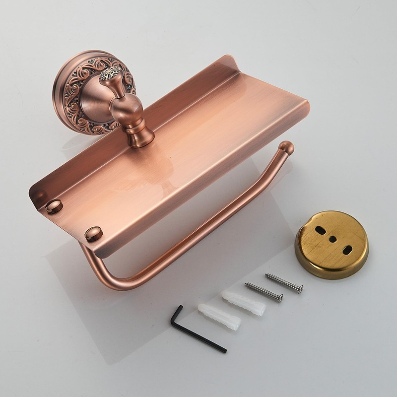 Red Copper Bath Toilet Paper Holder with Phone Shelf, Wall