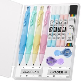 Four Candies 4PCS Cute Mechanical Pencil Set, 2.0MM Ergonomic Mechanical Pencil with 44PCS HB Pencil Leads, 2PCS Sharpeners/Erasers, Aesthetic School Supplies for Kids Writing Drawing