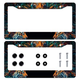 2Pcs Cool Tiger License Plate Frame Wild Animal Tigers Flower Art License Plate Personalise Stainless Steel Metal Car Plates Funny License Plate Frames Decorative for Men Women 12x6 Inch
