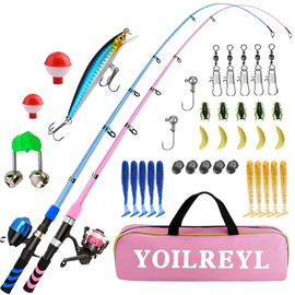 Yoilreyl Fishing Rod and Reel Combos Glass Fibre Telescopic Fishing Pole with Reel Combo Sea Fishing Rod Kit Suitable for Beginners and Teenagers (Spinning Rod+Casting Rod, 1.8M 5.91FT)