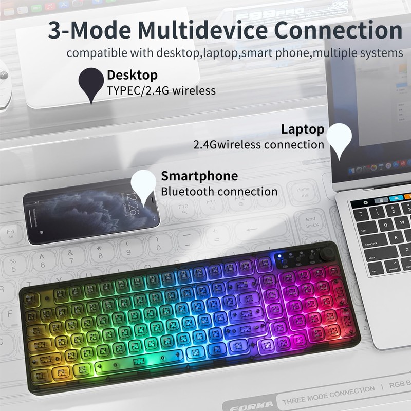 Adventurers F99 PRO Wireless Transparent RGB Backlit Keyboard – Ergonomic,One-Touch