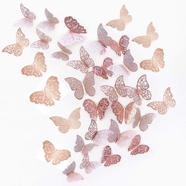 JUN-H 36 Pieces 3D Butterfly Decorations Butterfly Stickers DIY Wall Art Sticker Bedroom Baby Decals Removable Decorative Paper Wall Pictures (Rose Red)