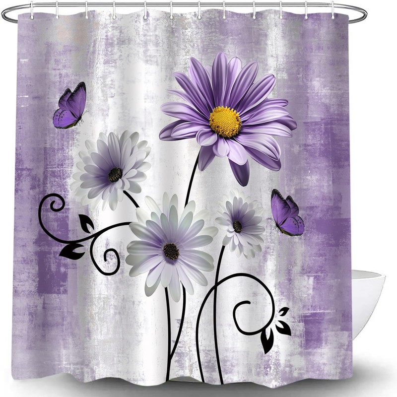 UPUMKSK Purple Daisy Shower Curtain Floral Butterfly, 70" W x