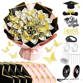 241Pcs Glitter Graduation Flower Bouquet Kit 80 Black Pink Gold Trim Floral Wrapping Paper 48 Gold 3D Butterfly 8 Grad Toppers 100 Corsages Pins Ribbons Tools for 2026 Congrats Grad Decor