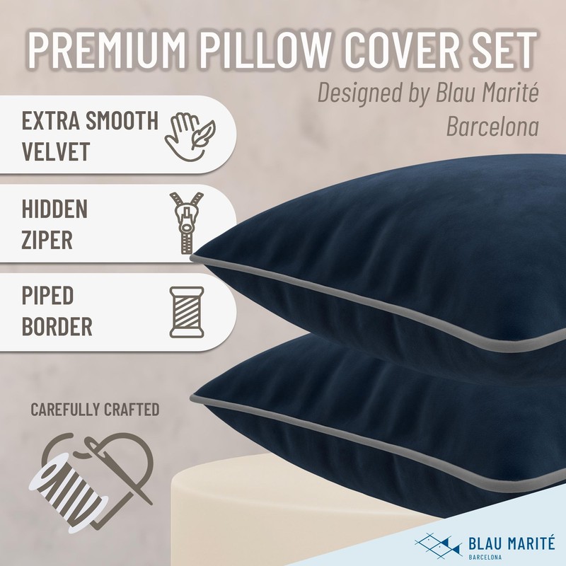Blau Marité Decorative Velvet Throw Pillow Covers with Trim. Soft