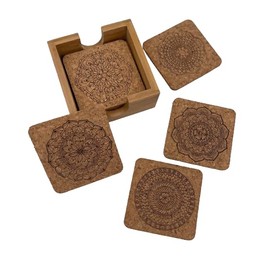 Cork Coasters Set of 8 in Bamboo Holder Mandala Design
