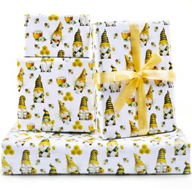 7 Sheet Bee Gift Wrapping Paper for Kids Girls Boys, Honeybee Gnome Baby Shower Birthday Gift Wrap Paper, Cute Honey Honeycomb Sunflower Gnome Art Paper Folded Flat for Spring Summer Holiday Christmas