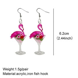Cute Wine Glass Flamingo Flower Pink Dangle Drop Earrings for Women Teen Girls Dainty Lightweight Acrylic Animal Hook Statement Dangling Hanging Hypoallergenic Fashion Jewelry Party Valentine's Day