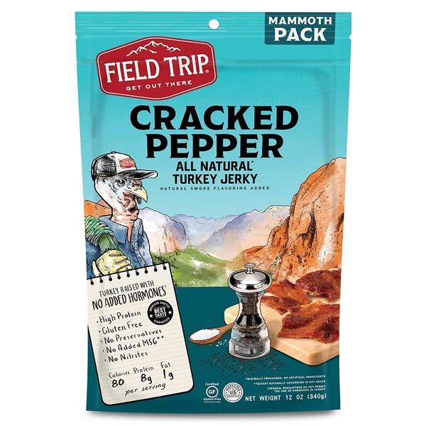 Field Trip Turkey Jerky | Gluten Free Jerky, Low Carb, Healthy High Protein Snacks with No Nitrates, Made with All Natural Ingredients | Cracked Pepper| 12oz Bulk Bag