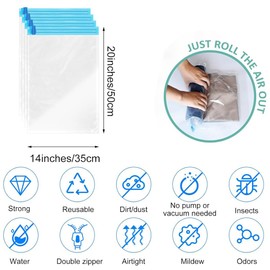 iDopick 8 Pack Compression Bags for Travel,Cream Roll Up Space Saver Bags Reusable Seal Clothes Bags,No Pump Needed Vacuum Storage Bags for Luggage, Suitcase, Backpack, Travel Essentials (35x50cm)