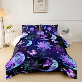 Ntlfup Sun and Moon Comforter Set, Twin Size Butterfly and Star Bedding Set for Girls, 3D Printed Bohemian Gothic Duvet with 2 Pillowcases