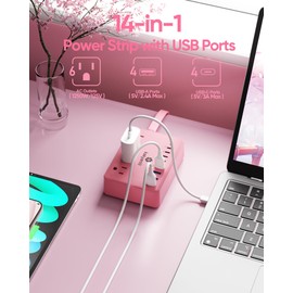 Kakyanill Pink Power Strip, 6 AC Outlets 8 USB Ports(4 USB C) with 2000J Surge Protector, 5ft Flat Plug Pink Extension Cord, Compact for Desk Home, Office, Dorm