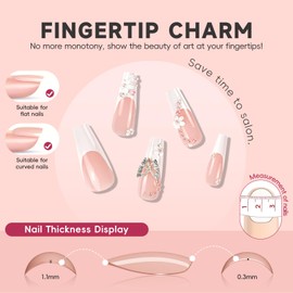 CUZIAM Long Coffin Press on Nails White French Tip with 3D Metal Butterfly Camellia Flower Pearl Charms Designs Full Cover Stick on Nails for Women, Glossy Reusable Soft Gel XL Square Fake False Nails