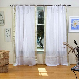 Indian Selections White with Gold Tie Top Sheer Sari Curtain/Drape/Panel - 43W x 96L - Piece