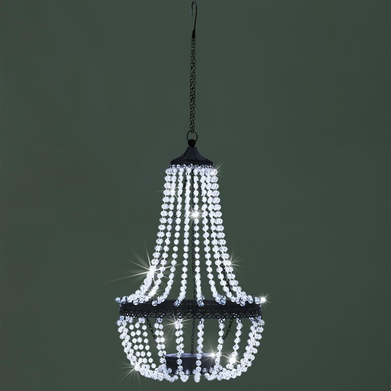 Hanging Solar Lantern Outdoor, 28” Modern Clear Crystal Acrylic Chandelier