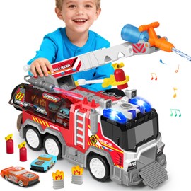 Big Fire Trucks for Toddlers 3 4 5 6 7 with 2PCS Ejecting Race Cars 18-Inch Ladder Lights Sprinkler Pump & Water Shooting Big Emergency Vehicle Firetruck Toys Christmas Birthday Gifts Boy Toys Girl