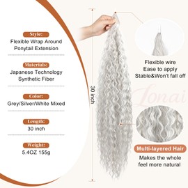 LONAI Flexible Wrap Around Ponytail Extension, 30 Inch Long Curly Ponytail Hair Extensions Ponytails Hairpiece for Women (Grey/Silver/White Mixed)