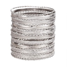FUNOJOY Silver Bangle Bracelets for Women Multi Layer Stackable Textured Bracelets Boho Jewelrys Set - 16Pcs