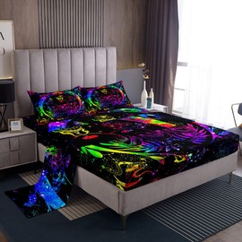 Erosebridal Rainbow Tie Dye Sheets King Boho Death Skull Bed Sheets,Trippy Galaxy Sheet Set Watercolor Moon Phase Flat Sheet Constellations Zodiac Fitted Sheet Microfiber Bedding Sheets & Pillowcases