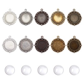 PH PandaHall 50pcs 20mm Pendant Trays, 25pcs Photo Charms Flat Round Pendant Bezel 25pcs Glass Cabochon Dome Tiles Clear Cameo for Wedding Bouquet Graduation Photo Charm Jewelry Making