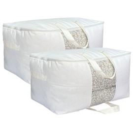 DoYiKe Soft Canvas Clothes Storage Bags with Four Carrying Handles and Clear Window, Closet Organizer for Clothing, Blankets Sheets Pillows and Bedding, 55L, 2 Pack, White