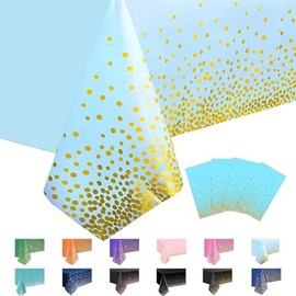 MORAINJAY 4Pcs Light Blue and Gold Dot Party Tablecloth,137x274cm Rectangle Disposable Table Cloth,Waterproof Plastic Confetti Table Cover for Picnic,Wedding, Birthday,Christmas Table Decorations