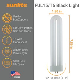 SUNLITE 40484-SU FUL15T6 Fluorescent Black Light Bulbs, 15 Watts, GX10q 4-Pin Base, UV Light, 365nm Color Wavelength, 5,000 Hour Life Span, Perfect for Bug Zappers, Clubs, Bars, 5 Pack