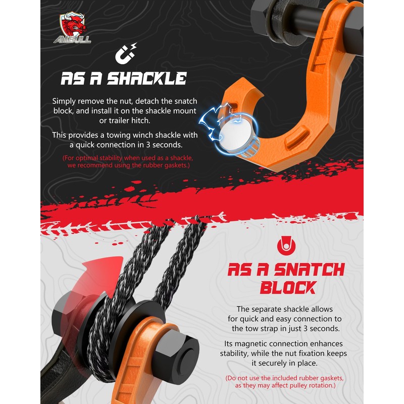 AMBULL D Ring Separate Shackle with Snatch Block, 3/4" Shackles