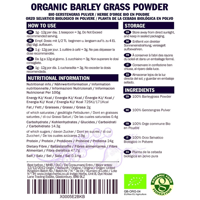 Indigo Herbs Organic New Zealand Barley Grass Powder 100g