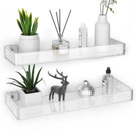NiHome Clear Acrylic Floating Wall Shelves, Display Wall Shelves with Edge, Bathroom Wall Mounted Shelf Hanging Floating Bookshelves for Home Office Wall Decoration (2 Tier)