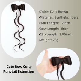 Cute Bow Ponytail Wig Curly Drawstring Ponytail Clip-on Hair Bun Extension Clips for Women - 12'' Length Tail, Dark Brown