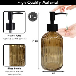 YYTSGG Black Pump Glass Soap Dispenser, 13.5oz Brown Stripe Countertop Refillable Liquid Bottle Hand Dish Lotion Dispenser with Plastic Pump, for Kitchen, Bathroom Countertop