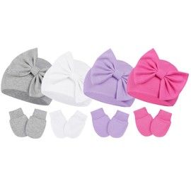 Century Star Newborn Girls Hats Baby Hat and Mitten Set Big Bow Knit Infant Headbands Winter Baby Hat for Girls 04Pcs White & Grey & Hot Pink & Purple 0-3 Months