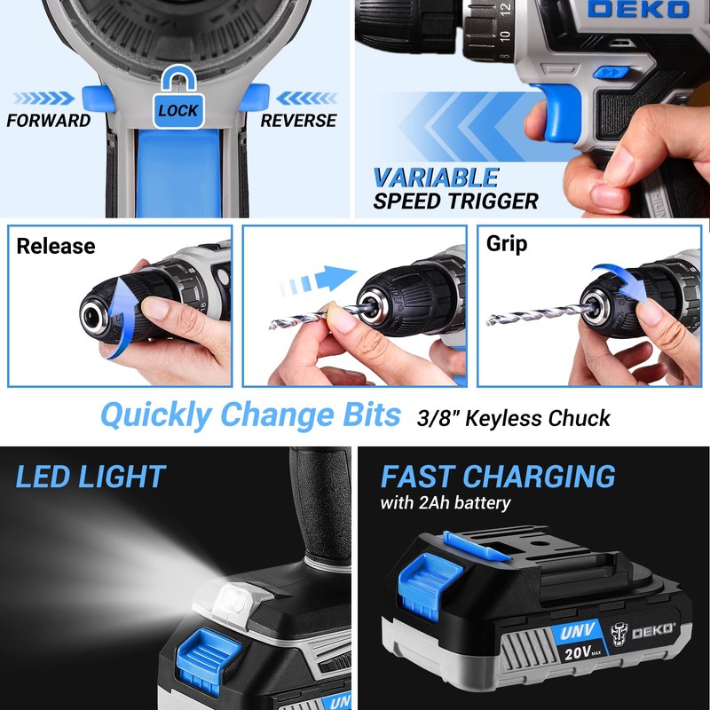 Blue Drill Tool Kit Set: 20V Cordless Power Drill Tool