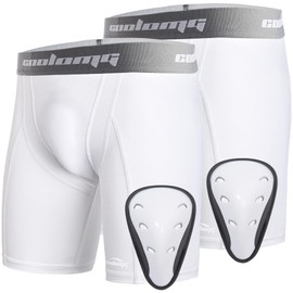 COOLOMG Youth Boys Compression Shorts with Athletic Cup for Baseball Football Lacrosse White S
