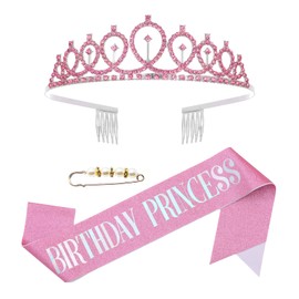Birthday Crown Sash for Girl,Pink Princess Sash Headband Set,Birthday Tiara for Women,Queen Headpiece,Sweet Cute Princess Crown Bday Party Decorations