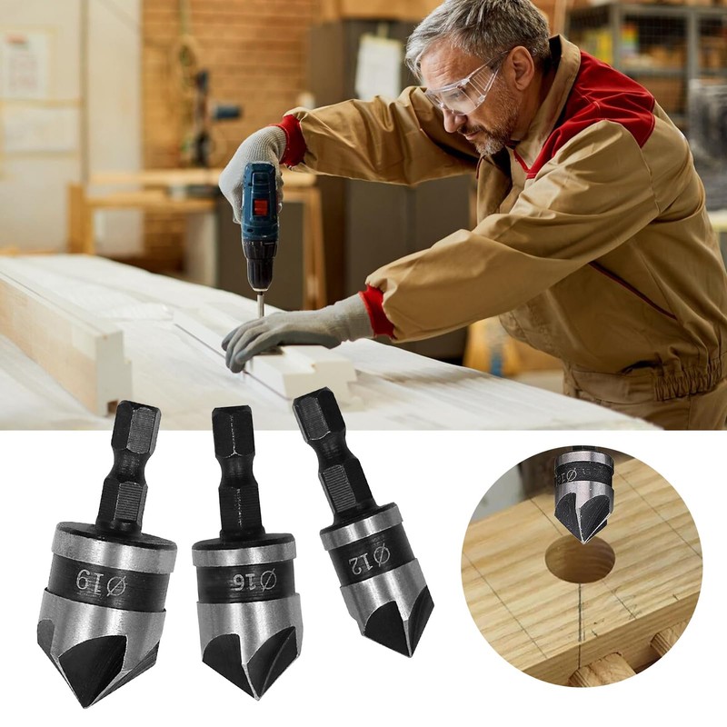 Countersink Drill Bit Set, 3 Pcs 12/16/19mm 1/4 Inch Hex