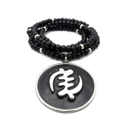 NYFASHION101 Adinkra Symbol Gye Nyame Medallion with 6mm 30" Black Wood Bead Necklace, Silver-Tone