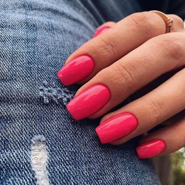 24PCs Press On Nails, Short Square Medium Shape, Solid Dark Color Fake Nails, Stick on Nails Glue on Nails Short Coffin False Nails (Rose Pink)