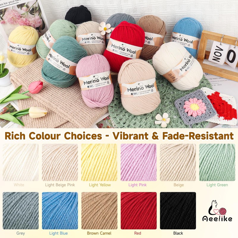 Aeelike Merino Wool Yarn for Knitting and Crochet, 3x100g, Light