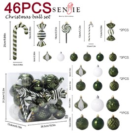 Christmas Tree Ornaments 46 pcs Assorted Multi-Size Large Candy Cane Shatterproof Ball Ornaments Set for Christmas Holiday Wreath & Party Decorations,Dark Green