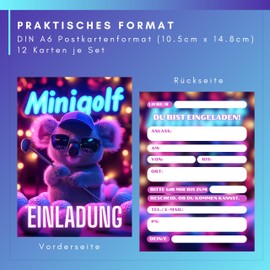 HIDEBLOOM Mini Golf Invitation Cards Children's Birthday Boys and Girls I Pack of 12 I DIN A6 (10.5 cm x 14.8 cm) I Invitations Mini Golf I Invitation Birthday Golf Children I Koala
