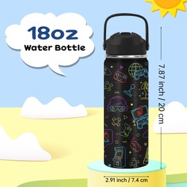 Gamer Water Bottle for Kids Boys 18 oz Kids Insulated Water Bottle with Straw, Back to School Gifts Gaming Cup for Teen Boys Gamer Christmas Birthday Travel Stainless Steel Leak Proof Sport Waters Cup