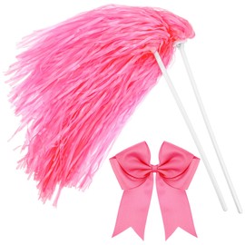 PullCrease 3 Pcs Cheerleading Pom Poms and Large Pink Hair Bow Metallic Cheer Pompoms Cheerleading Accessories for Adults Girl Team Sports Dance Cheering