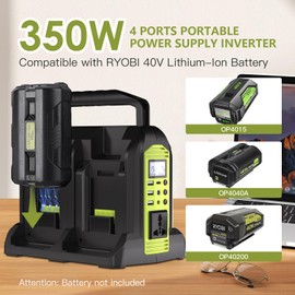 Power Inverter for Ryobi 40V Battery, 4 Ports 350W Outdoor Generators, Convert DC 40V to AC 120V Pure Sine Wave Inverter with 6 Output Ports, LED Light for Camping Emergency (Tool Only)