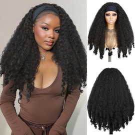 Yaki Curly Headband Wigs for Black Women New Afro Curls Synthetic Braided Hair 24Inch Wear and Go Kinky Curly Glueless Headband Wig with Bouncy Curls