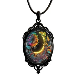 Gothic Glass Pendant Necklace for Women Sun Moon Charm Necklace Vintage Celestial Lunar Solar Cameo Necklace Gothic Rope Chain Mystic Witch Jewelry Accessories, Large, Alloy Steel, No Gemstone